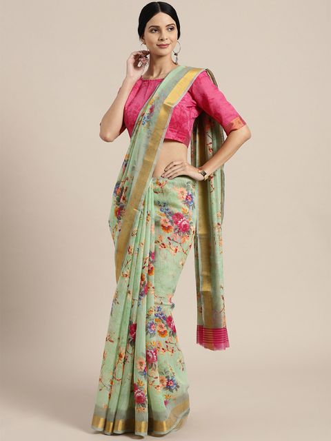 Mint Printed Linen Saree, Party Wear