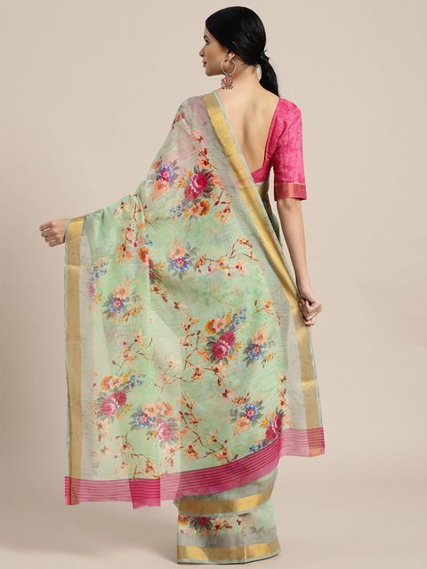 Mint Printed Linen Saree, Party Wear