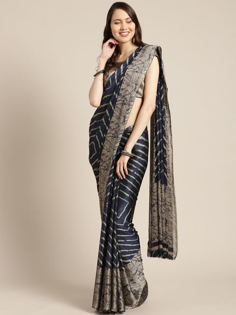 Night Blue Printed Linen Saree, Party Wear