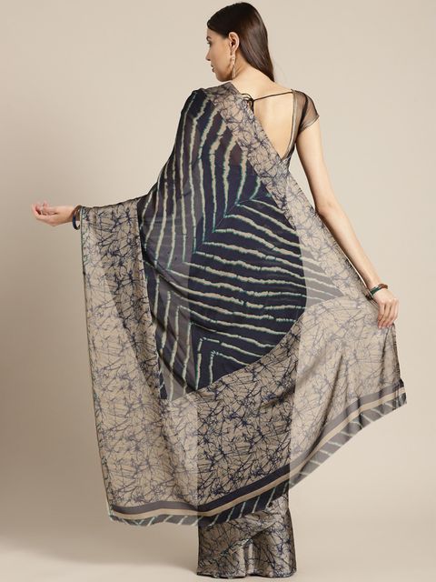 Night Blue Printed Linen Saree, Party Wear