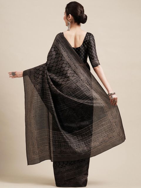 Black Color Casual Wear Printed Linen Saree ,With Blouse Piece