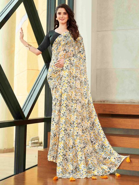 Light Yellow Color Casual Wear Printed Linen Saree ,With Blouse Piece