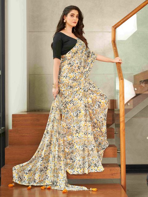 Light Yellow Color Casual Wear Printed Linen Saree ,With Blouse Piece