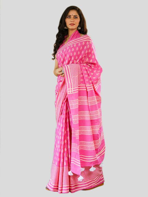 Pink Color Casual Wear Printed Linen Saree ,With Blouse Piece