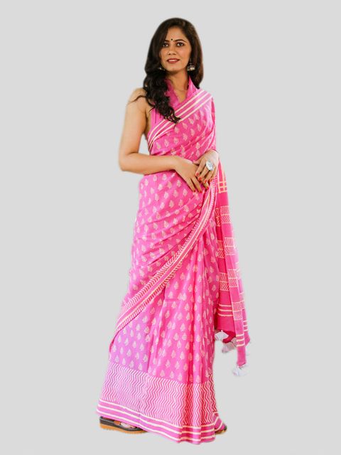 Pink Color Casual Wear Printed Linen Saree ,With Blouse Piece