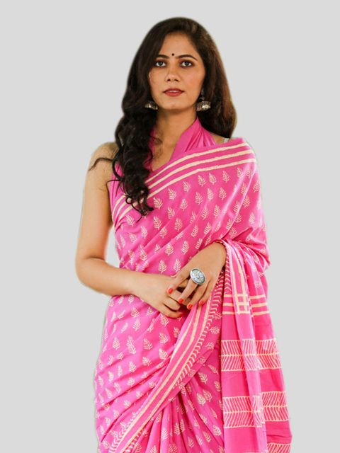 Pink Color Casual Wear Printed Linen Saree ,With Blouse Piece