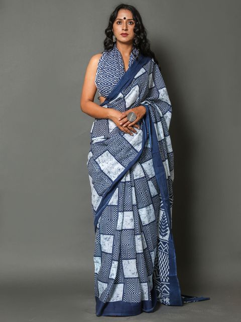 Blue And White Color Casual Wear Printed Linen Saree ,With Blouse Piece