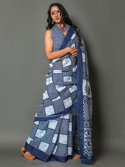 Blue And White Color Casual Wear Printed Linen Saree ,With Blouse Piece