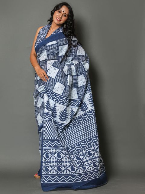 Blue And White Color Casual Wear Printed Linen Saree ,With Blouse Piece