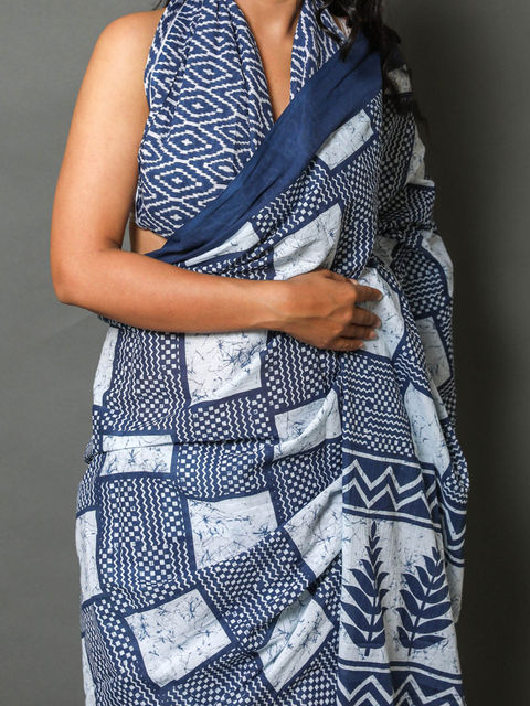 Blue And White Color Casual Wear Printed Linen Saree ,With Blouse Piece