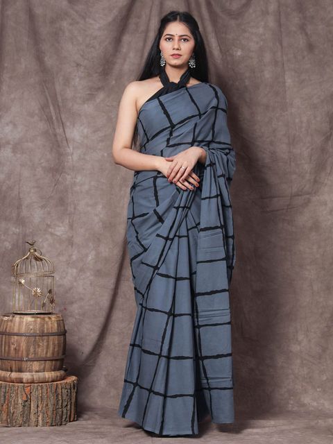 Dark Grey  Color Casual Wear Printed Linen Saree ,With Blouse Piece