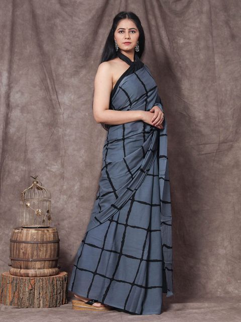 Dark Grey  Color Casual Wear Printed Linen Saree ,With Blouse Piece