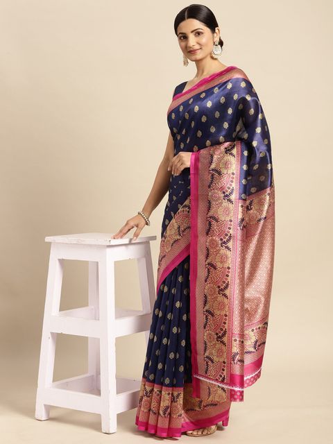 Blue And Pink  Color Casual Wear Printed Linen Saree ,With Blouse Piece