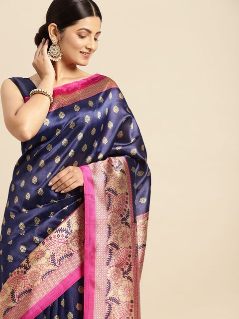 Blue And Pink  Color Casual Wear Printed Linen Saree ,With Blouse Piece