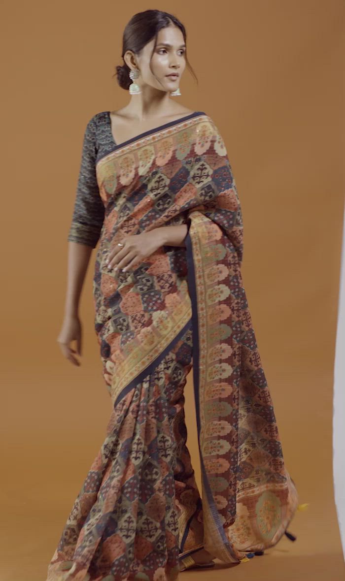 Multi Color Casual Wear Printed Linen Saree ,With Blouse Piece