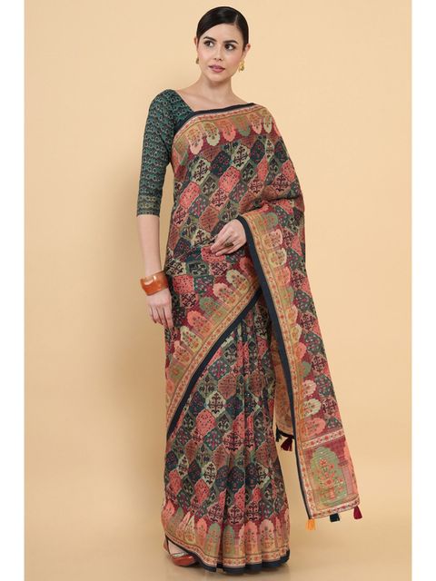 Multi Color Casual Wear Printed Linen Saree ,With Blouse Piece