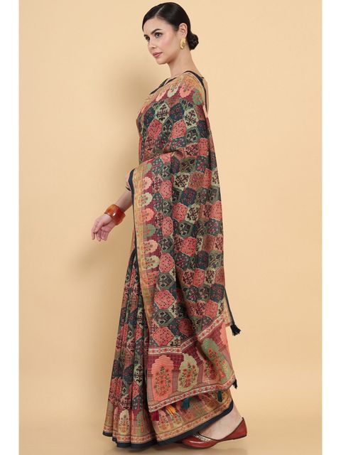 Multi Color Casual Wear Printed Linen Saree ,With Blouse Piece