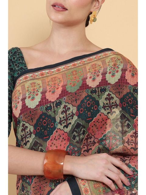 Multi Color Casual Wear Printed Linen Saree ,With Blouse Piece