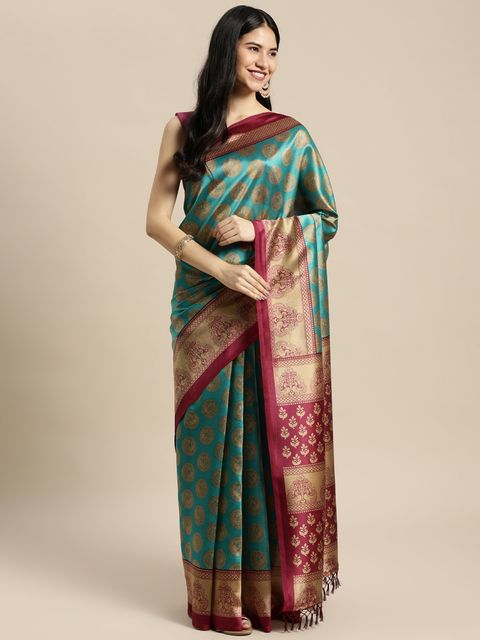 Rama And Maroon Color Casual Wear Printed Linen Saree ,With Blouse Piece