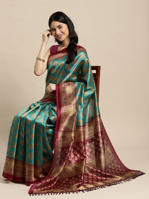 Rama And Maroon Color Casual Wear Printed Linen Saree ,With Blouse Piece