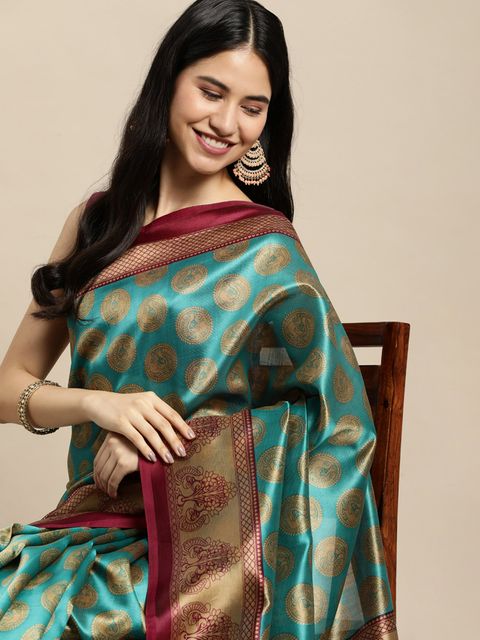 Rama And Maroon Color Casual Wear Printed Linen Saree ,With Blouse Piece