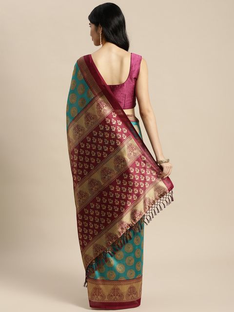 Rama And Maroon Color Casual Wear Printed Linen Saree ,With Blouse Piece