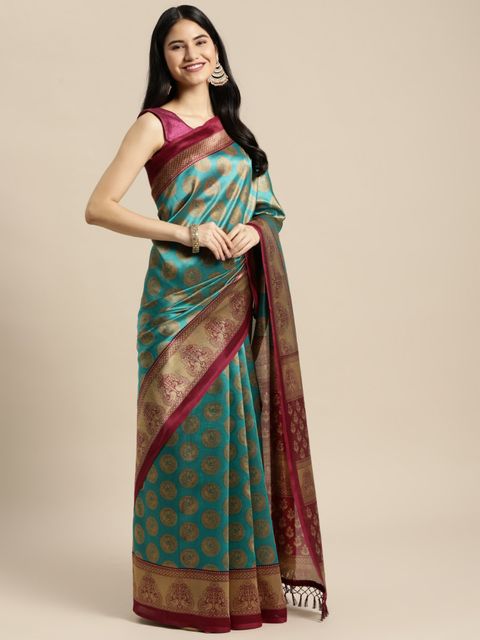 Rama And Maroon Color Casual Wear Printed Linen Saree ,With Blouse Piece