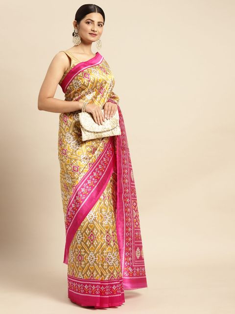 Yellow And Pink Color Casual Wear Printed Linen Saree ,With Blouse Piece