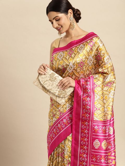 Yellow And Pink Color Casual Wear Printed Linen Saree ,With Blouse Piece