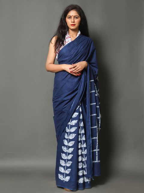 Night Blue Color Casual Wear Printed Linen Saree