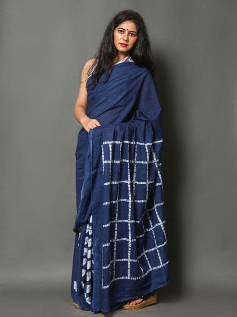 Night Blue Color Casual Wear Printed Linen Saree