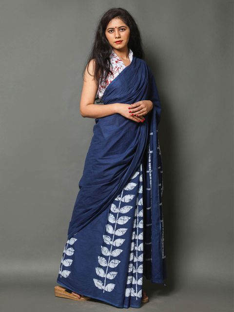 Night Blue Color Casual Wear Printed Linen Saree