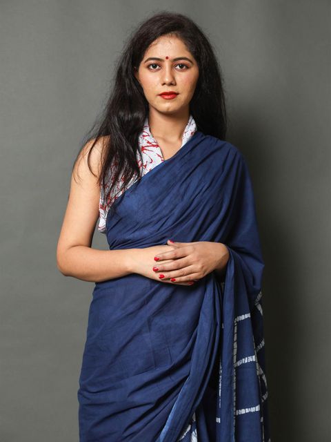 Night Blue Color Casual Wear Printed Linen Saree