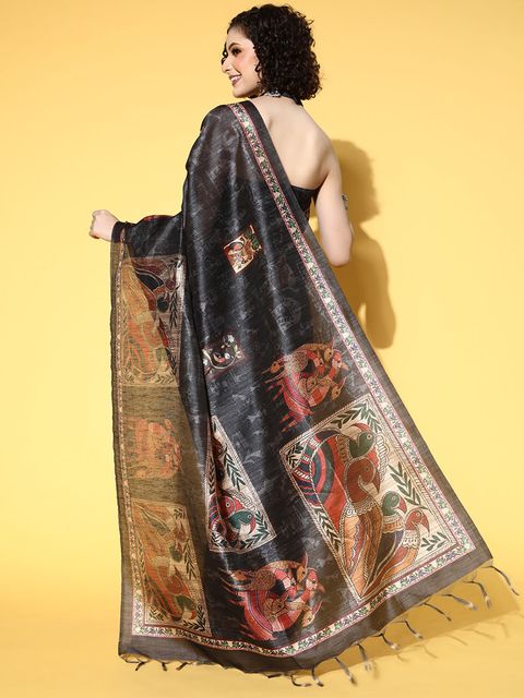 Black Color Casual Wear Printed Linen Saree