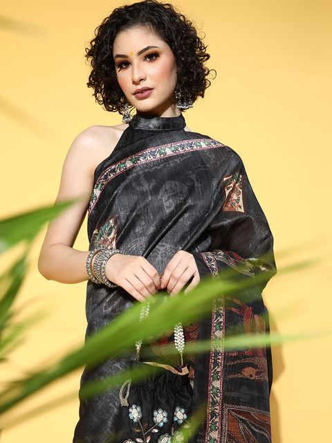 Black Color Casual Wear Printed Linen Saree