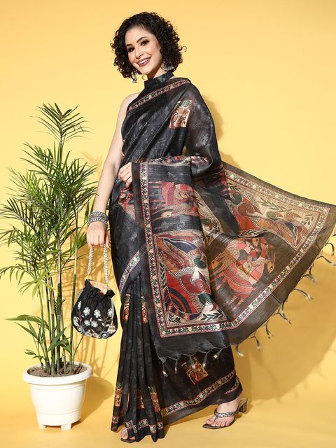 Black Color Casual Wear Printed Linen Saree