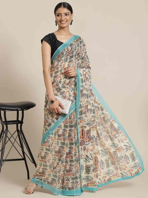 Cream Color Casual Wear Printed Linen Saree