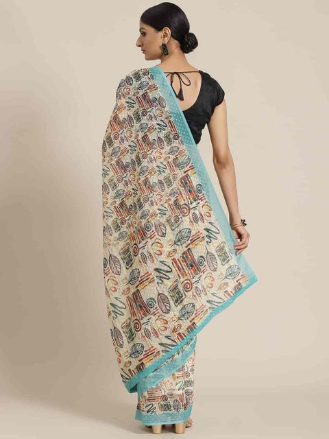 Cream Color Casual Wear Printed Linen Saree