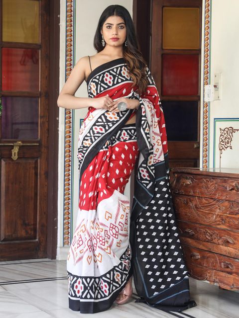 White And Red Color Casual Wear Printed Linen Saree