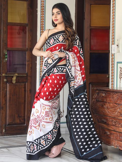 White And Red Color Casual Wear Printed Linen Saree