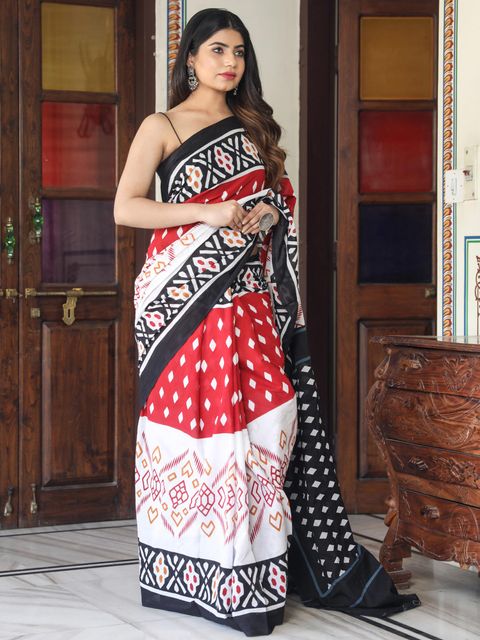 White And Red Color Casual Wear Printed Linen Saree