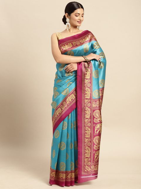 Sky Blue And Light Maroon Color Casual Wear Printed Linen Saree