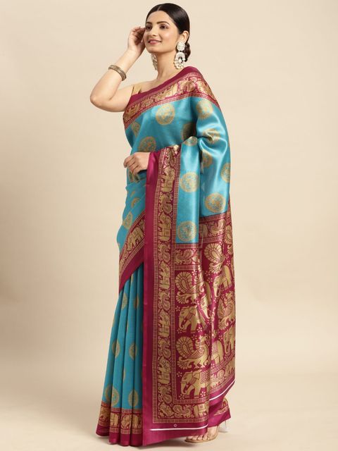 Sky Blue And Light Maroon Color Casual Wear Printed Linen Saree