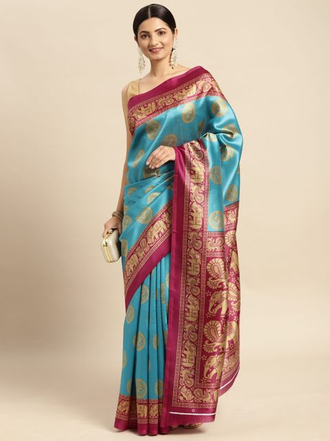 Sky Blue And Light Maroon Color Casual Wear Printed Linen Saree