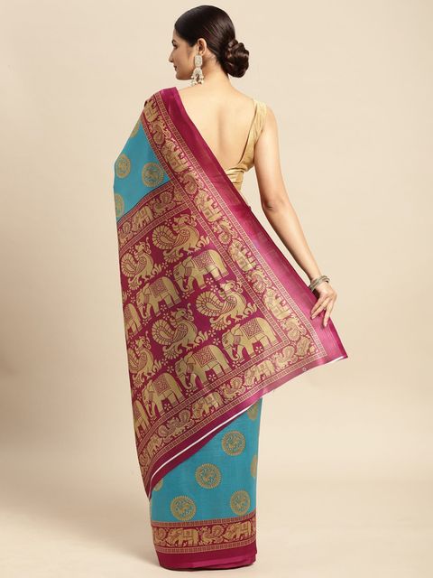 Sky Blue And Light Maroon Color Casual Wear Printed Linen Saree