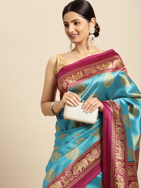 Sky Blue And Light Maroon Color Casual Wear Printed Linen Saree