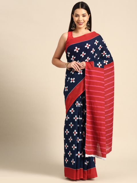 Blue And Red Color Party Wear Linen Saree , With Blouse Piece