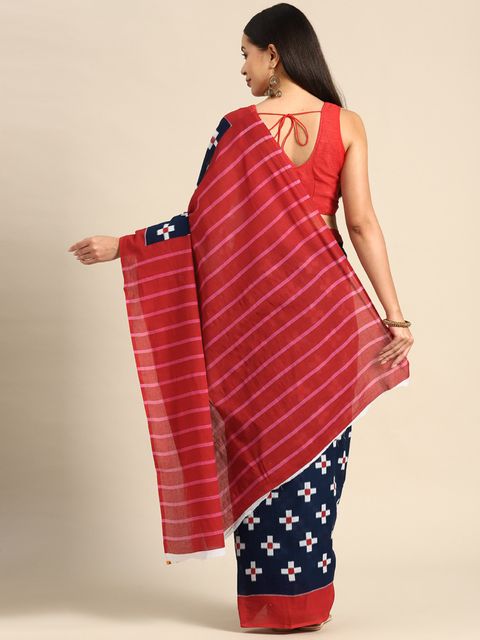 Blue And Red Color Party Wear Linen Saree , With Blouse Piece