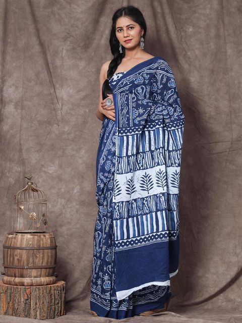 Blue Color Party Wear Linen Saree , With Blouse Piece