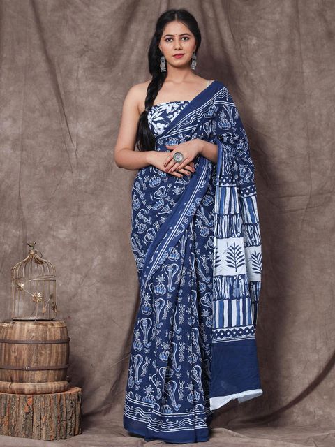 Blue Color Party Wear Linen Saree , With Blouse Piece